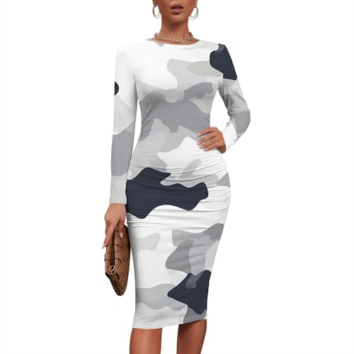 Women Sexy Long Sleeve Midi Dress Camouflage Print Dress Round Neck Sexy Curve Bodycon Dress Club Autumn Casual Wear