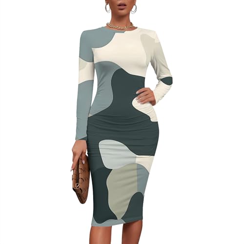 Women Sexy Long Sleeve Midi Dress Camouflage Print Dress Round Neck Sexy Curve Bodycon Dress Club Autumn Casual Wear