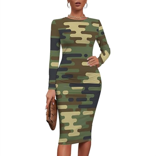 Women Sexy Long Sleeve Midi Dress Camouflage Print Dress Round Neck Sexy Curve Bodycon Dress Club Autumn Casual Wear