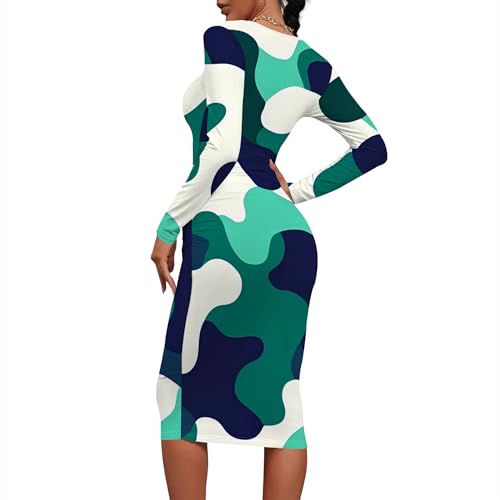 Women Sexy Long Sleeve Midi Dress Camouflage Print Dress Round Neck Sexy Curve Bodycon Dress Club Autumn Casual Wear