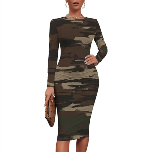 Women Sexy Long Sleeve Midi Dress Camouflage Print Dress Round Neck Sexy Curve Bodycon Dress Club Autumn Casual Wear