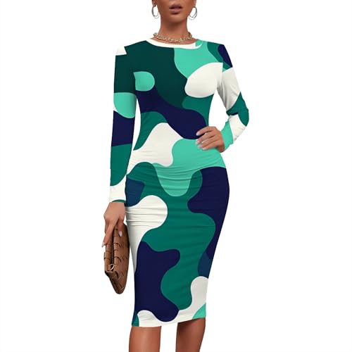 Women Sexy Long Sleeve Midi Dress Camouflage Print Dress Round Neck Sexy Curve Bodycon Dress Club Autumn Casual Wear