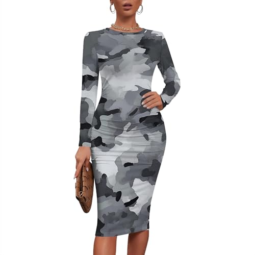 Women Sexy Long Sleeve Midi Dress Camouflage Print Dress Round Neck Sexy Curve Bodycon Dress Club Autumn Casual Wear
