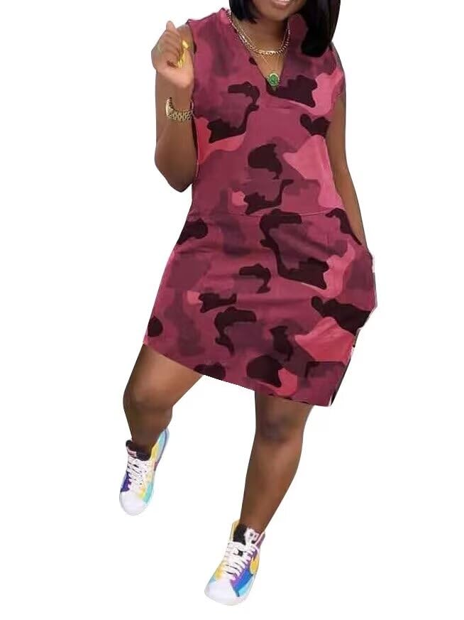 Camouflage Dress for Women Casual Sleeveless V Neck Sundress Cargo Mini Dresses with Pockets