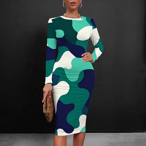 Women Sexy Long Sleeve Midi Dress Camouflage Print Dress Round Neck Sexy Curve Bodycon Dress Club Autumn Casual Wear