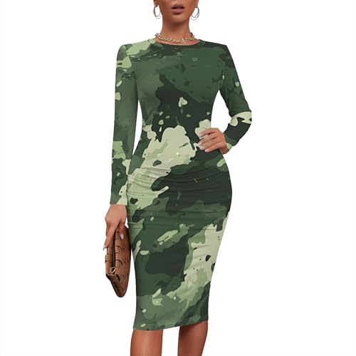 Women Sexy Long Sleeve Midi Dress Camouflage Print Dress Round Neck Sexy Curve Bodycon Dress Club Autumn Casual Wear