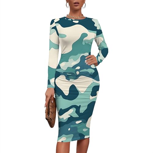 Women Sexy Long Sleeve Midi Dress Camouflage Print Dress Round Neck Sexy Curve Bodycon Dress Club Autumn Casual Wear