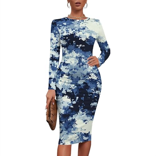 Women Sexy Long Sleeve Midi Dress Camouflage Print Dress Round Neck Sexy Curve Bodycon Dress Club Autumn Casual Wear