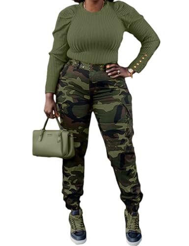 Woman's Casual Camouflage Camo Cargo Long Pants with Pockets