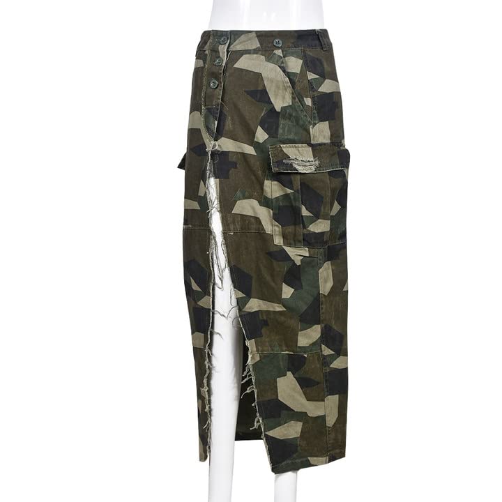 THLAI Women Midi Skirt Camo Cargo Skirt for Women Sexy High Split Skirt Maxi Skirts Novelty Skirts