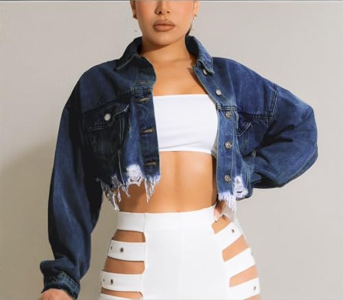 HTD Women's Cropped Jean Jacket Button Up Long Sleeve Ripped Distressed Denim Jacket Frayed Hem