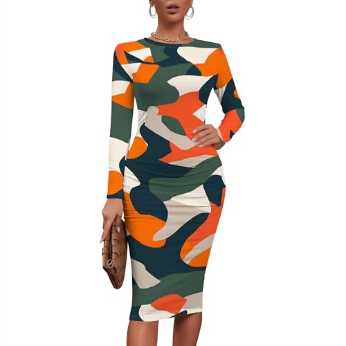 Women Sexy Long Sleeve Midi Dress Camouflage Print Dress Round Neck Sexy Curve Bodycon Dress Club Autumn Casual Wear