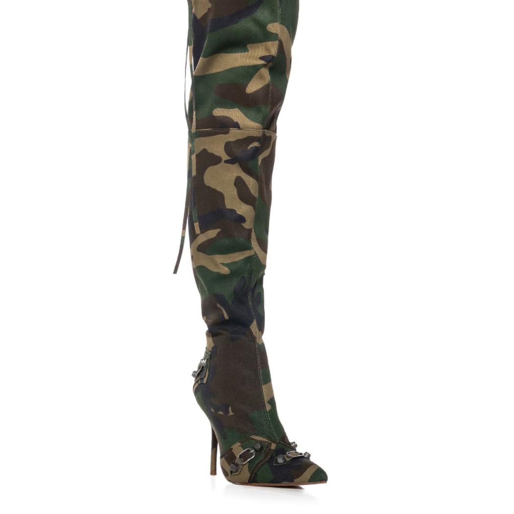 Women's Camo Knee High Boots Slouch High Heels Boots Pointed Stiletto Casual Pull-On Tall Boot Party Dress Shoes