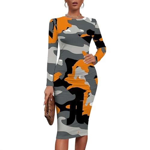 Women Sexy Long Sleeve Midi Dress Camouflage Print Dress Round Neck Sexy Curve Bodycon Dress Club Autumn Casual Wear