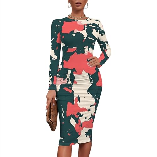 Women Sexy Long Sleeve Midi Dress Camouflage Print Dress Round Neck Sexy Curve Bodycon Dress Club Autumn Casual Wear