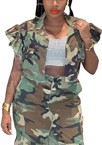 LETSVDO Women's Sexy Camo Halter Vest Backless Sleeveless Lapel V Neck Button Down Jean Crop Tank Top