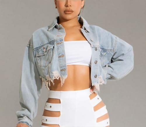 HTD Women's Cropped Jean Jacket Button Up Long Sleeve Ripped Distressed Denim Jacket Frayed Hem