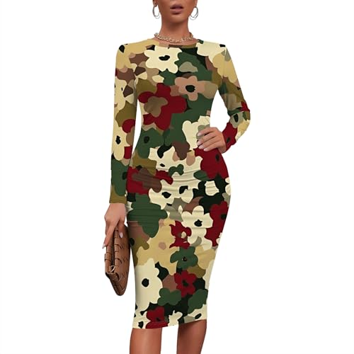 Women Sexy Long Sleeve Midi Dress Camouflage Print Dress Round Neck Sexy Curve Bodycon Dress Club Autumn Casual Wear
