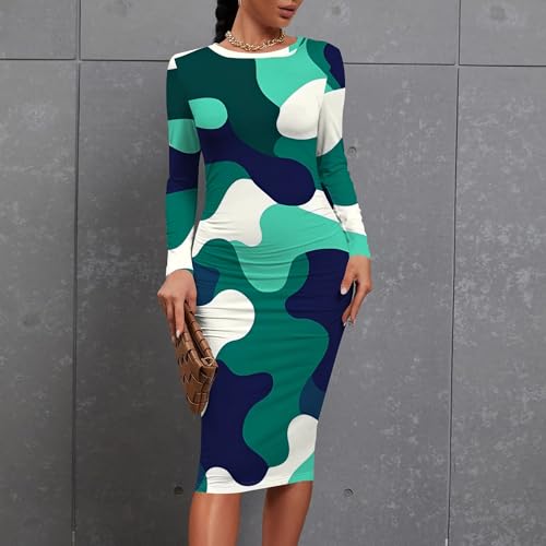 Women Sexy Long Sleeve Midi Dress Camouflage Print Dress Round Neck Sexy Curve Bodycon Dress Club Autumn Casual Wear