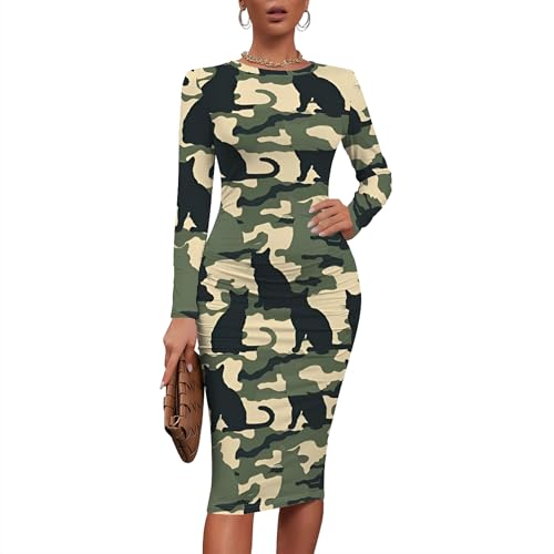 Women Sexy Long Sleeve Midi Dress Camouflage Print Dress Round Neck Sexy Curve Bodycon Dress Club Autumn Casual Wear