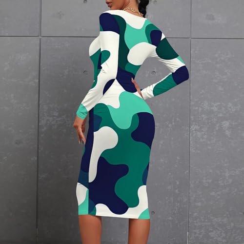 Women Sexy Long Sleeve Midi Dress Camouflage Print Dress Round Neck Sexy Curve Bodycon Dress Club Autumn Casual Wear