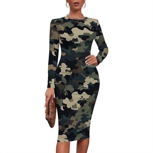 Women Sexy Long Sleeve Midi Dress Camouflage Print Dress Round Neck Sexy Curve Bodycon Dress Club Autumn Casual Wear