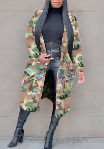 Vakkest Camo Blazer Jacket for Women Lapel Long Sleeve Open Front Cardigan Coat Classic Pockets Overcoat Outwear