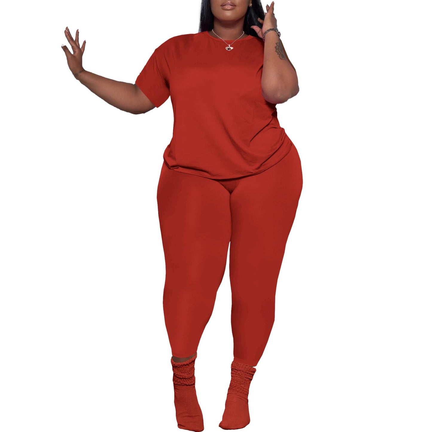 PINSV Women's Plus Size 2 Piece Outfits Tracksuits Short Sleeve Top Pants Sets Sweatsuits