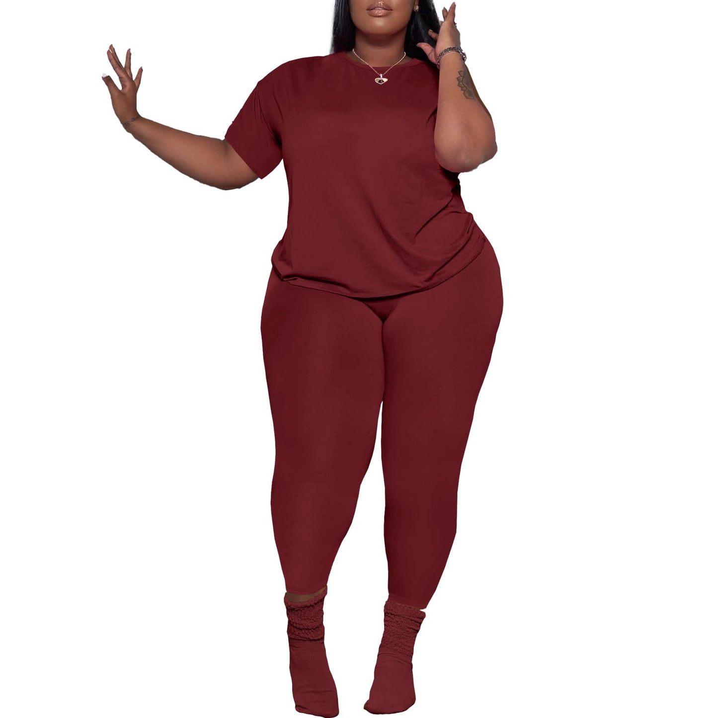 PINSV Women's Plus Size 2 Piece Outfits Tracksuits Short Sleeve Top Pants Sets Sweatsuits
