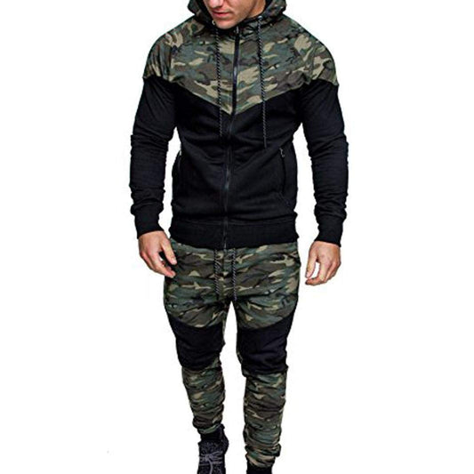 iQKA Men Camouflage Tracksuit Sport Suit Full Zipper Hoodie Fall Sweatshirt Pants Set