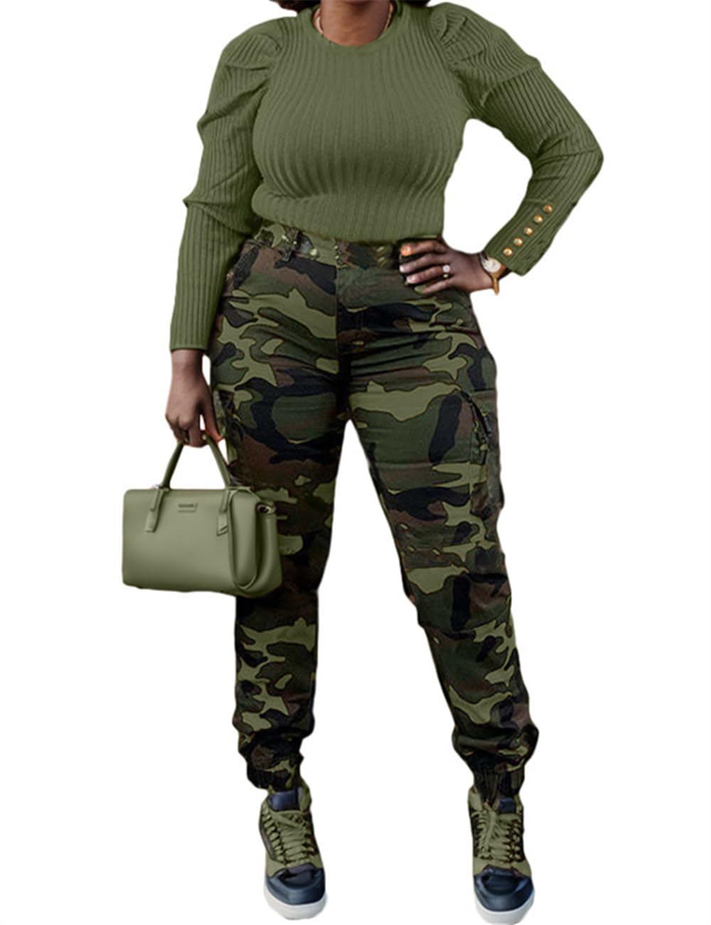 Woman's Casual Camouflage Camo Cargo Long Pants with Pockets
