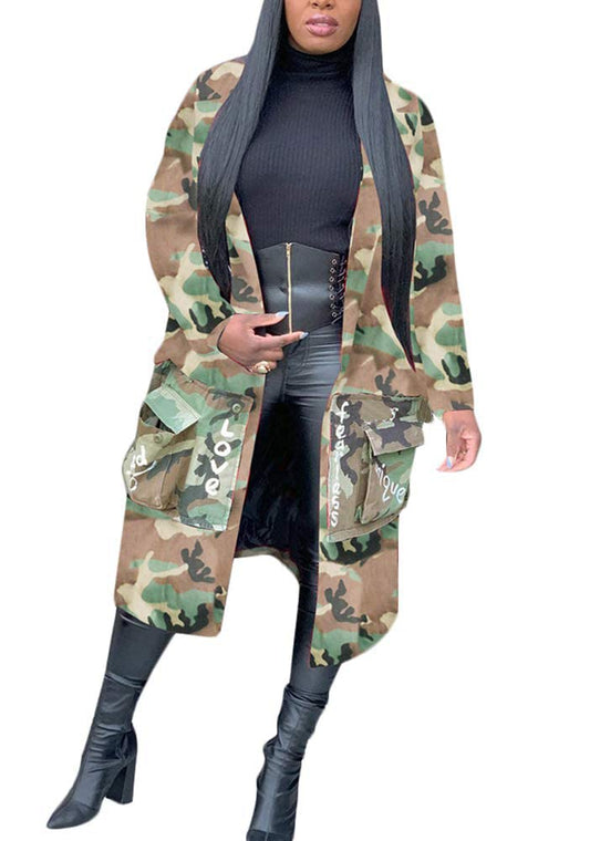 Vakkest Camo Blazer Jacket for Women Lapel Long Sleeve Open Front Cardigan Coat Classic Pockets Overcoat Outwear