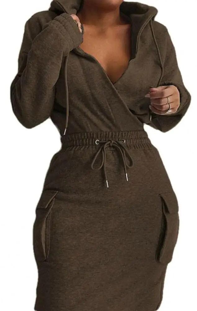 BIRW Hoodie Dress for Women 2025 Slim Casual Long Sleeve High Waist Drawstring Pullover Bodycon Sweatshirt Dresses