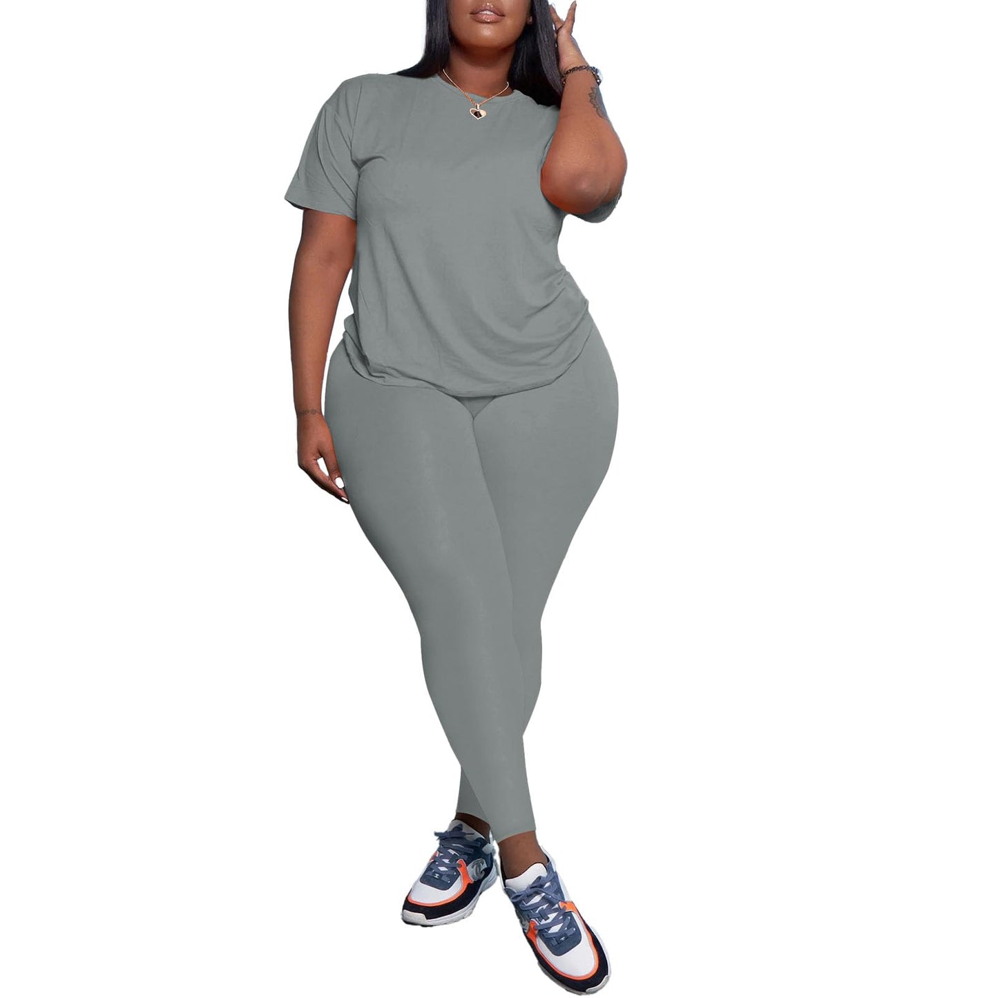 PINSV Women's Plus Size 2 Piece Outfits Tracksuits Short Sleeve Top Pants Sets Sweatsuits