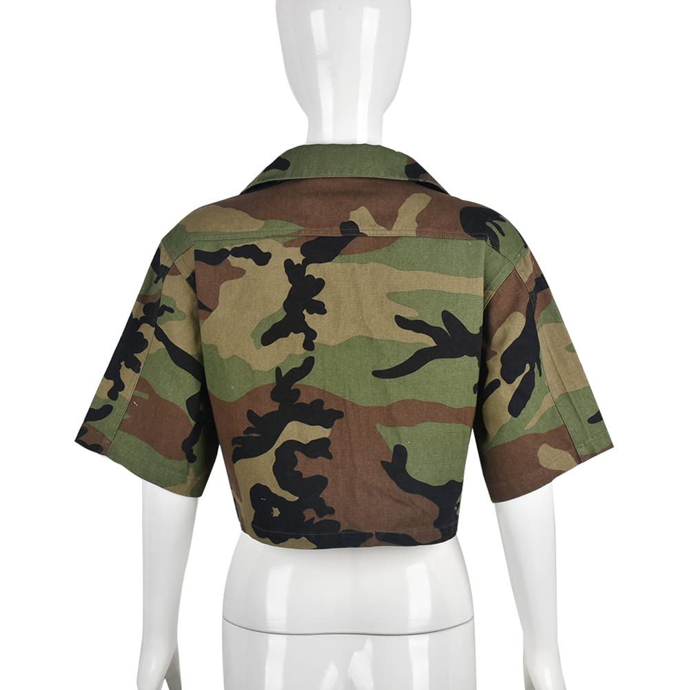 Womens Summer Cute Camo Button Down Cropped Jean Jacket Casual Lapel Outwear Denim Shirts Blouse Top