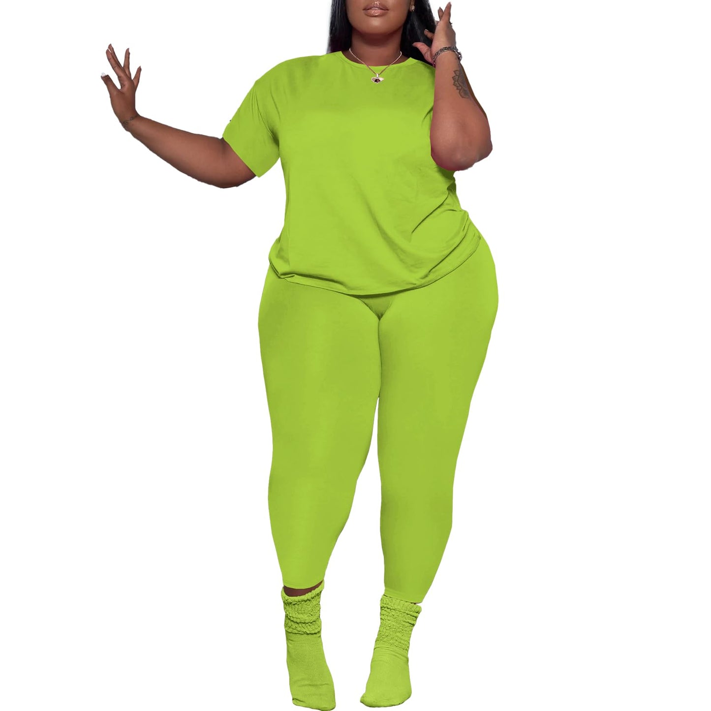 PINSV Women's Plus Size 2 Piece Outfits Tracksuits Short Sleeve Top Pants Sets Sweatsuits