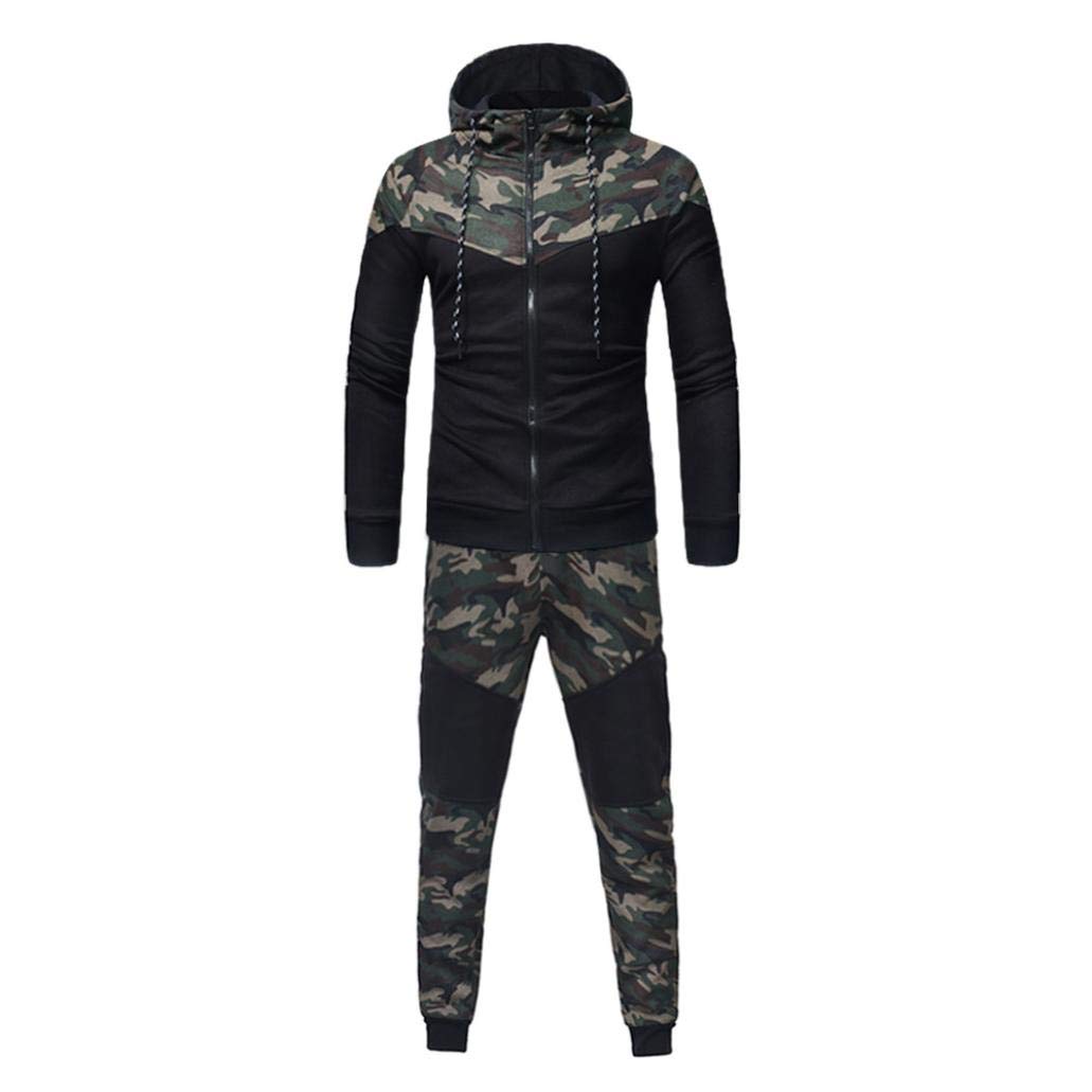 iQKA Men Camouflage Tracksuit Sport Suit Full Zipper Hoodie Fall Sweatshirt Pants Set