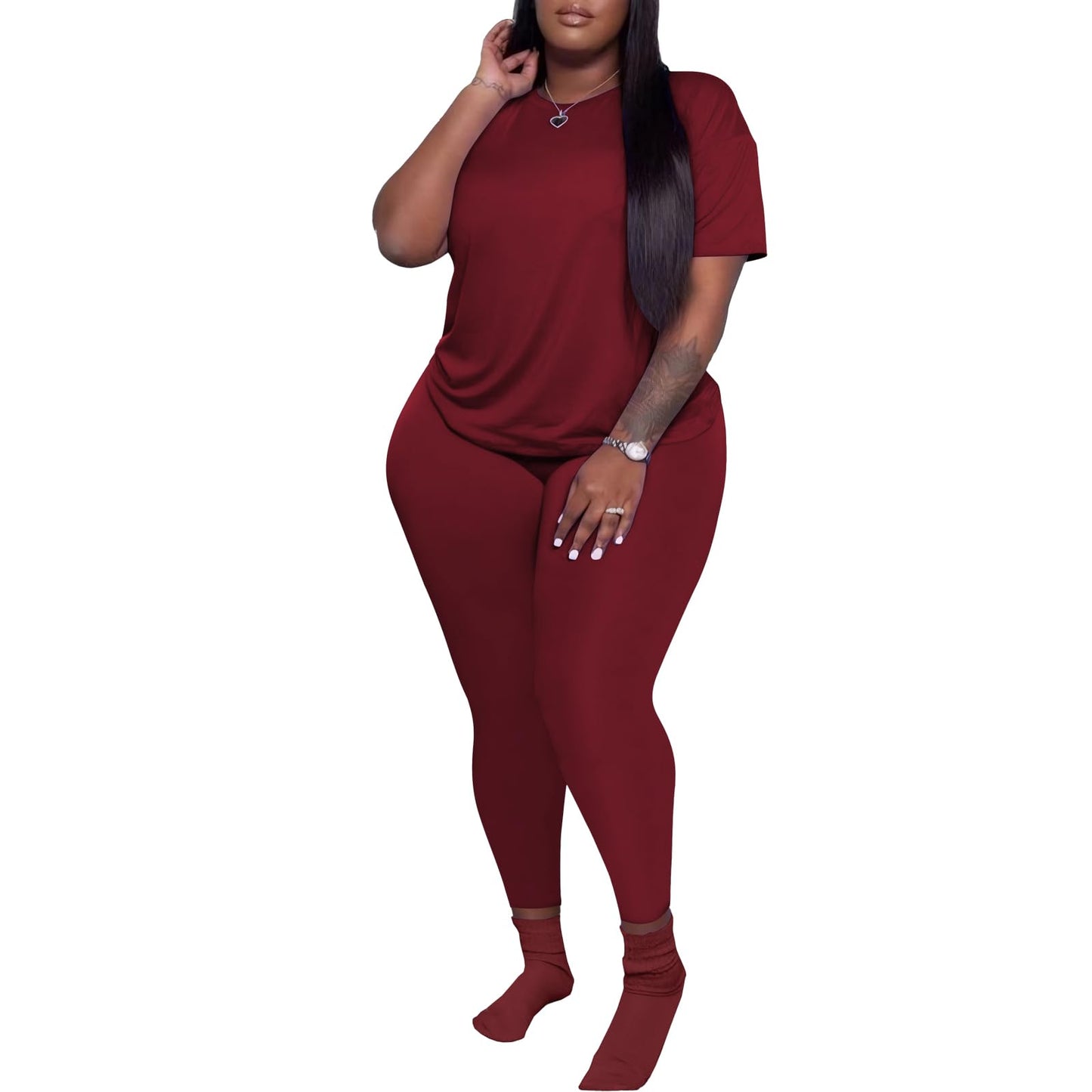 PINSV Women's Plus Size 2 Piece Outfits Tracksuits Short Sleeve Top Pants Sets Sweatsuits