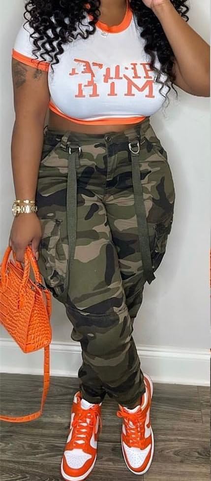 Woman's Casual Camouflage Camo Cargo Long Pants with Pockets