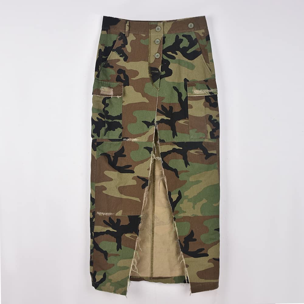 THLAI Women Midi Skirt Camo Cargo Skirt for Women Sexy High Split Skirt Maxi Skirts Novelty Skirts