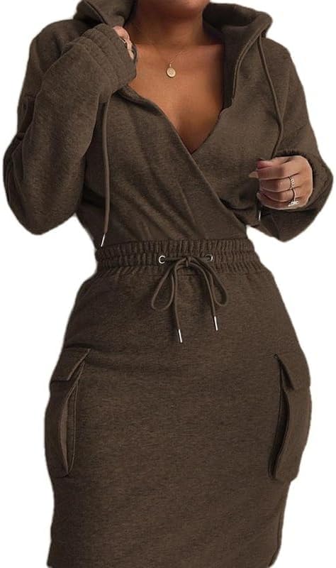 BIRW Hoodie Dress for Women 2025 Slim Casual Long Sleeve High Waist Drawstring Pullover Bodycon Sweatshirt Dresses