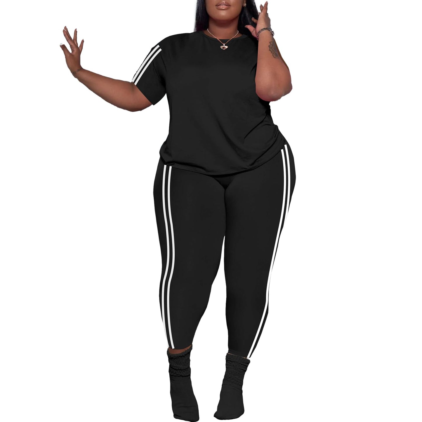 PINSV Women's Plus Size 2 Piece Outfits Tracksuits Short Sleeve Top Pants Sets Sweatsuits