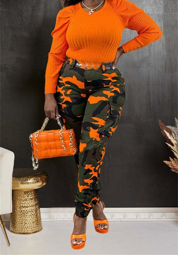 Woman's Casual Camouflage Camo Cargo Long Pants with Pockets
