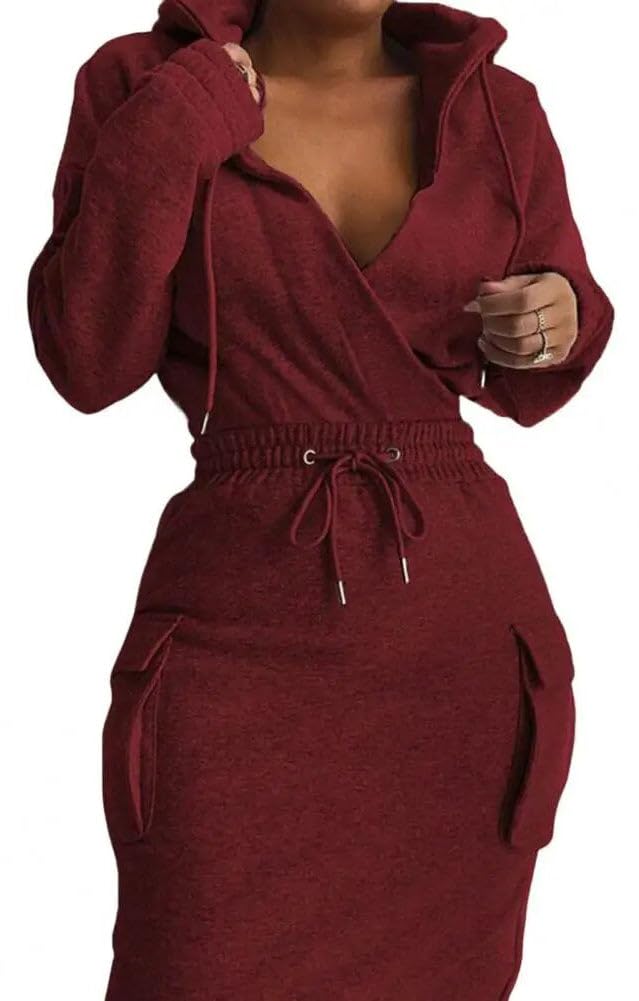 BIRW Hoodie Dress for Women 2025 Slim Casual Long Sleeve High Waist Drawstring Pullover Bodycon Sweatshirt Dresses