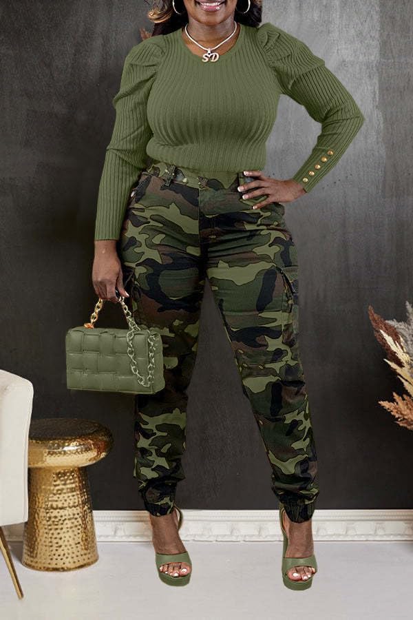Woman's Casual Camouflage Camo Cargo Long Pants with Pockets