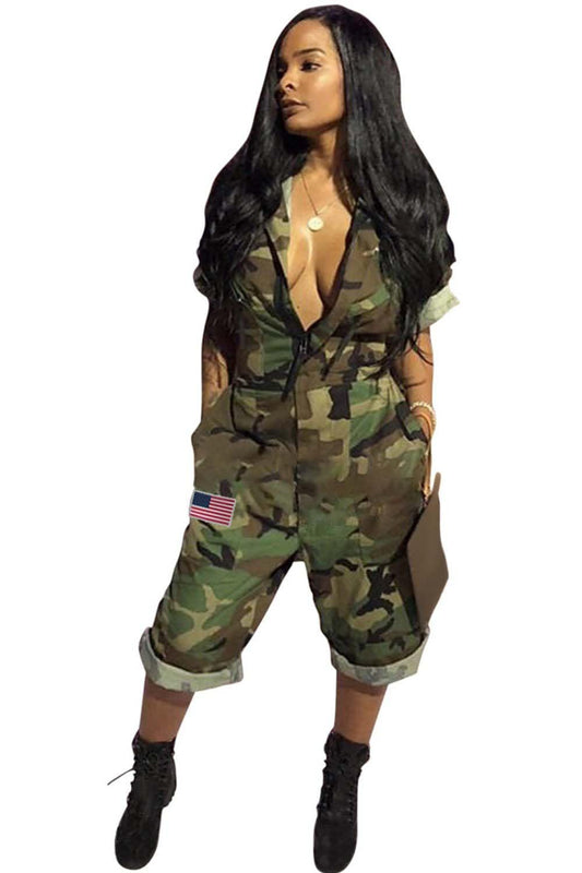 ReachMe Womens Short Sleeve Independence Day Camo Jumpsuit Shorts with Pockets