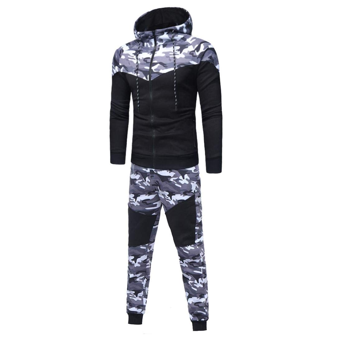 iQKA Men Camouflage Tracksuit Sport Suit Full Zipper Hoodie Fall Sweatshirt Pants Set