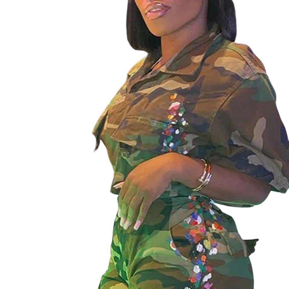 Womens Summer Cute Camo Button Down Cropped Jean Jacket Casual Lapel Outwear Denim Shirts Blouse Top