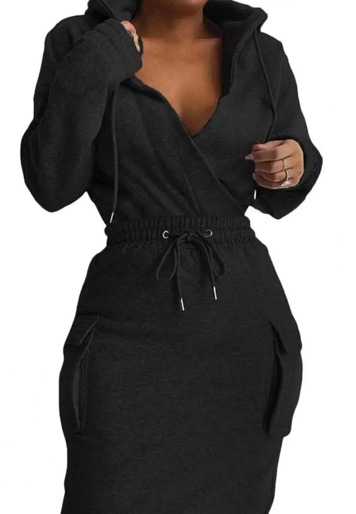 BIRW Hoodie Dress for Women 2025 Slim Casual Long Sleeve High Waist Drawstring Pullover Bodycon Sweatshirt Dresses