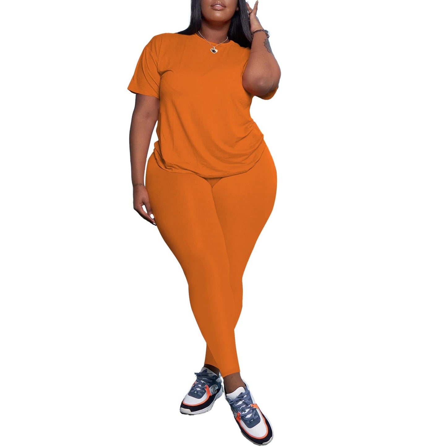 PINSV Women's Plus Size 2 Piece Outfits Tracksuits Short Sleeve Top Pants Sets Sweatsuits